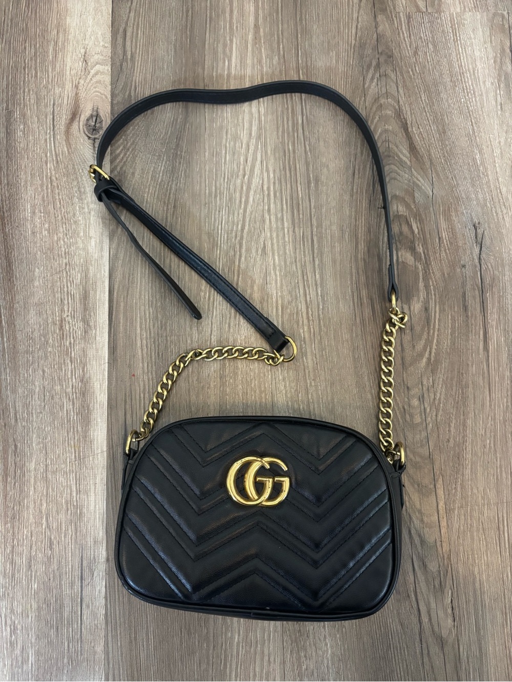 Gucci Black Chevron GG Marmont Crossbody with Gold Hardware